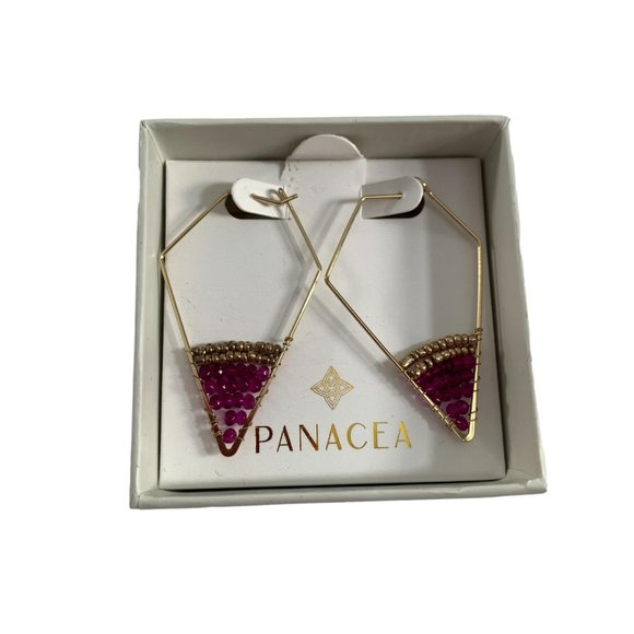 Panacea Earrings Seed Bead Gold Tone 2" Geometric Hoop Style Loop Closure New - Picture 5 of 5